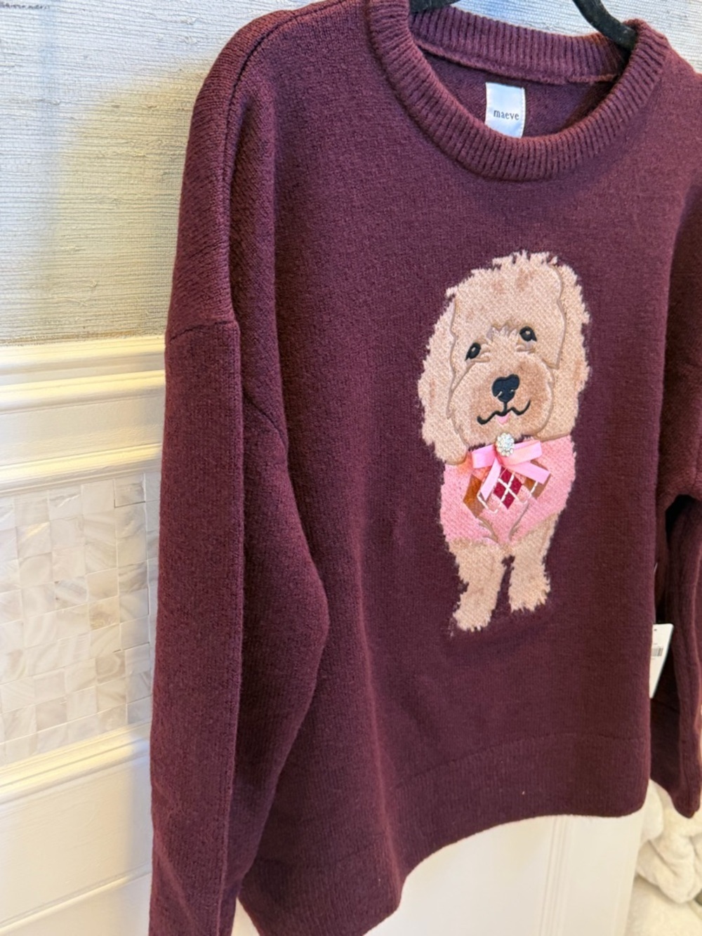NWT new medium Anthropologie dog Crewneck Sweater wine lab burgundy - Picture 10 of 17